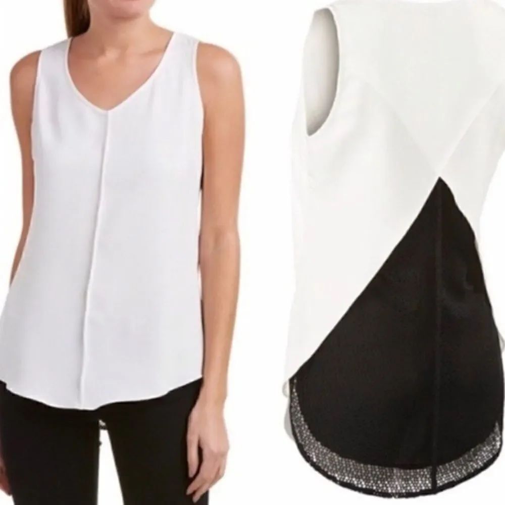 Cabi Black White Split Back Domino Sleeveless Top